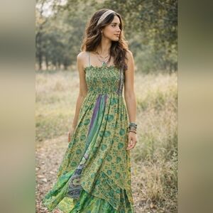 Ashley Taylor Silk Blend Boho Chic Empire Waist Smocked Fairycore Maxi Dress